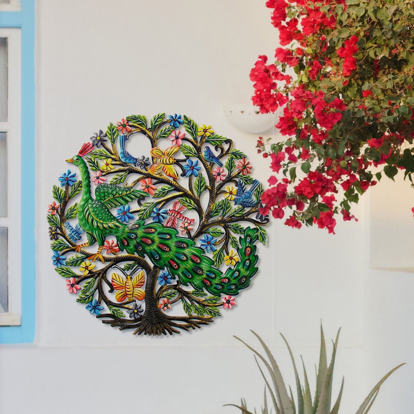 Peacock in Tree Haitian Metal Drum Wall Art