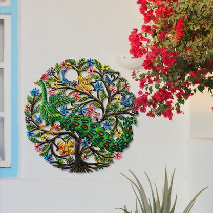 Peacock in Tree Haitian Metal Drum Wall Art